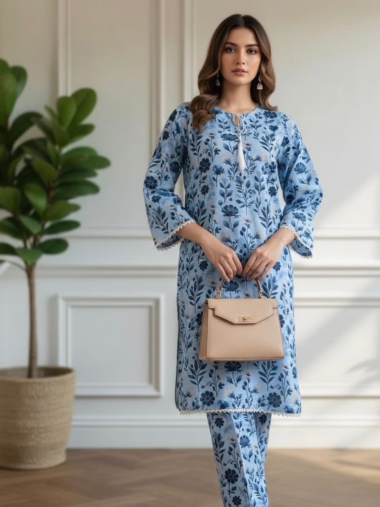 Ice Blue Floral – 2 Piece Premium Bana Dora Lawn