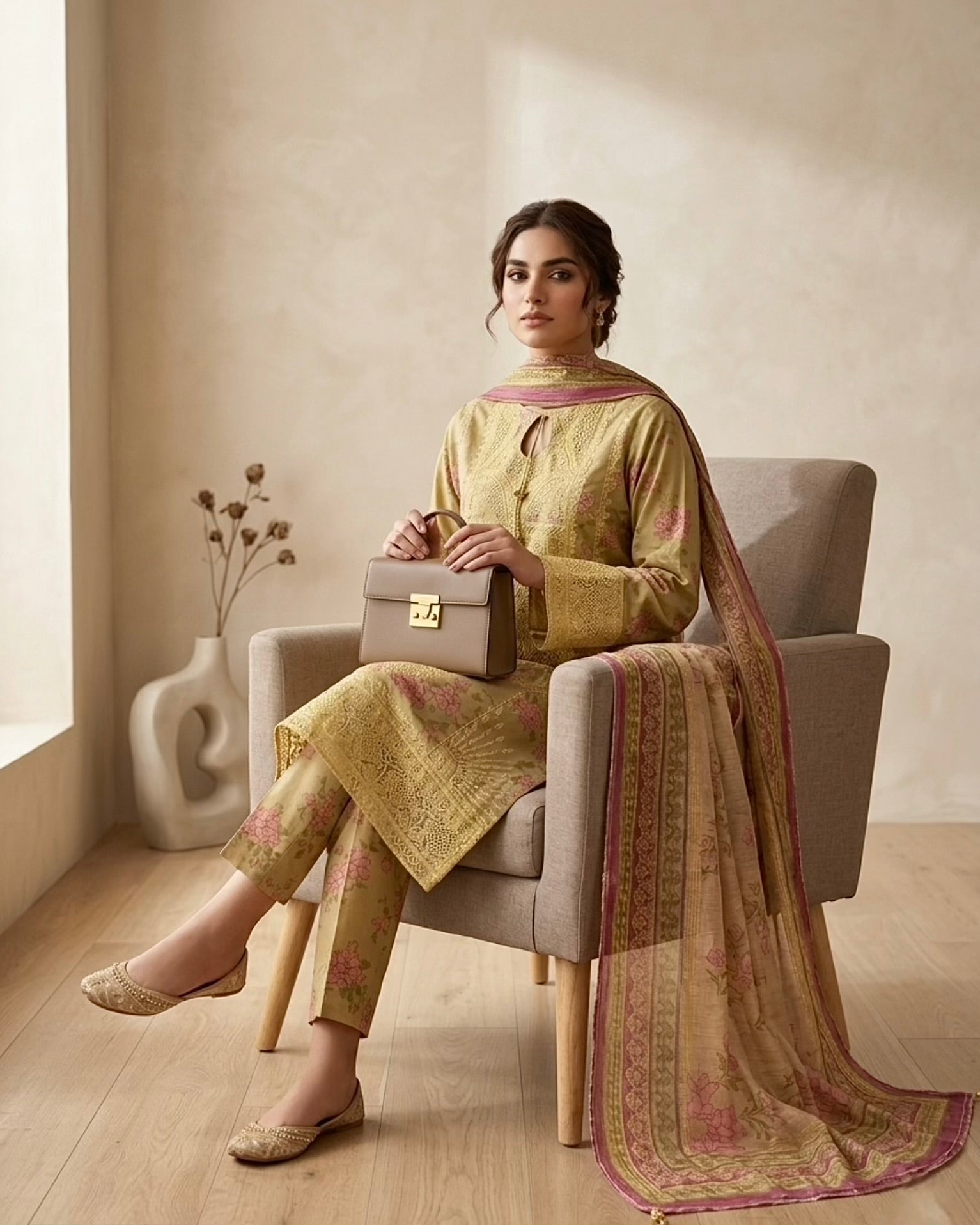 Golden Embroidered 3-Piece Premium Chickenkari Lawn Stitched Suit