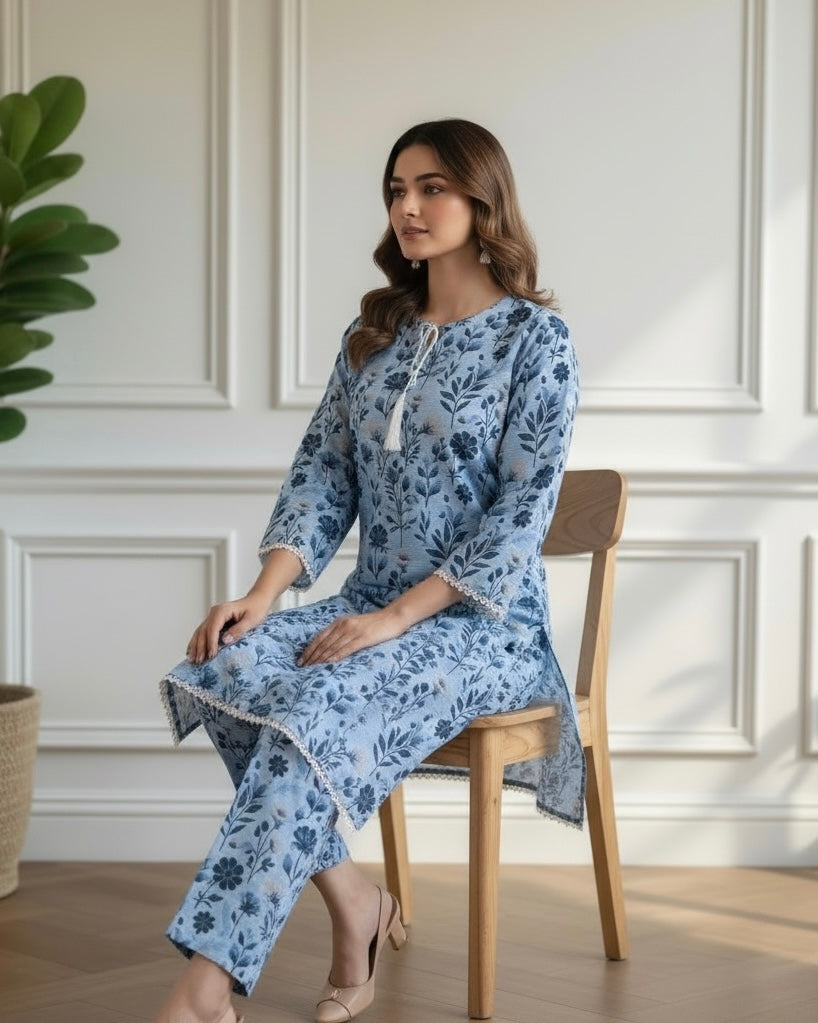 Ice Blue Floral – 2 Piece Premium Bana Dora Lawn