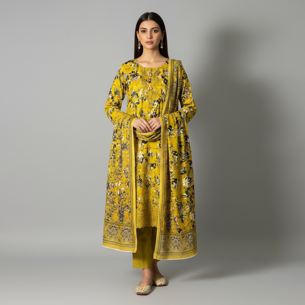 Mustard Sunflower 3-Piece Stitched Lawn Suit – Floral Embroidered + chicken-kari Edition