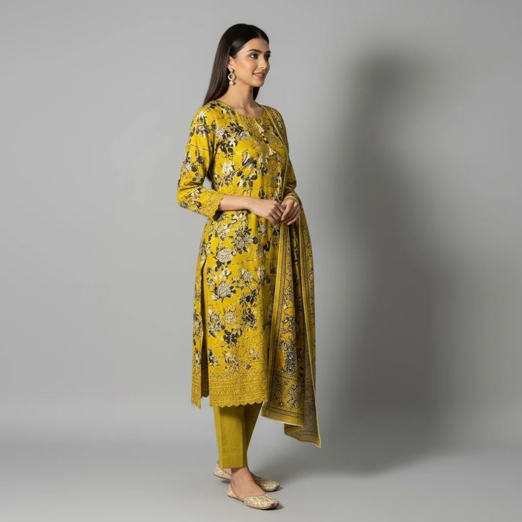 Mustard Sunflower 3-Piece Stitched Lawn Suit – Floral Embroidered + chicken-kari Edition