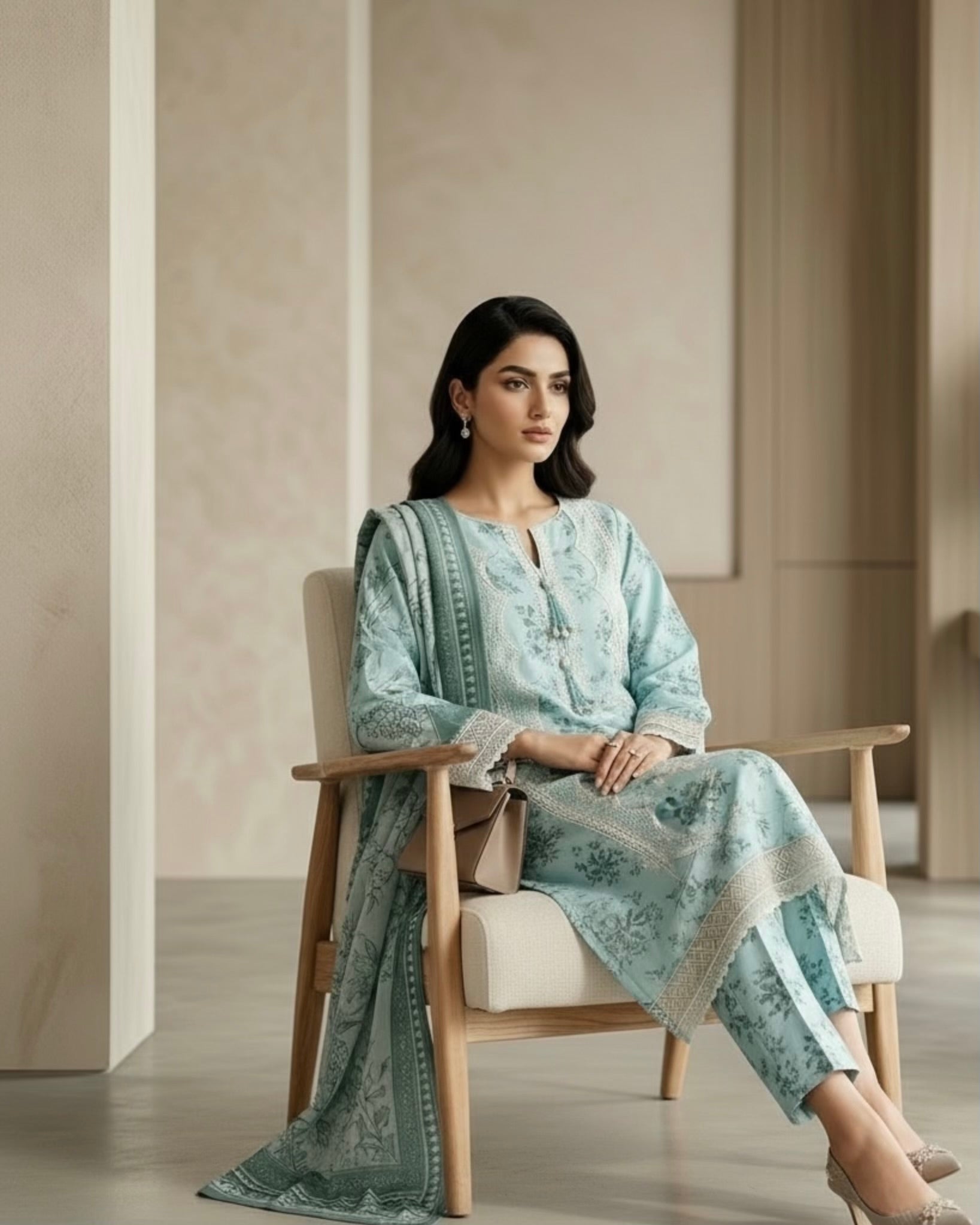 Ice Blue Embroidered 3-Piece Stitched Lawn Suit – Floral Edition