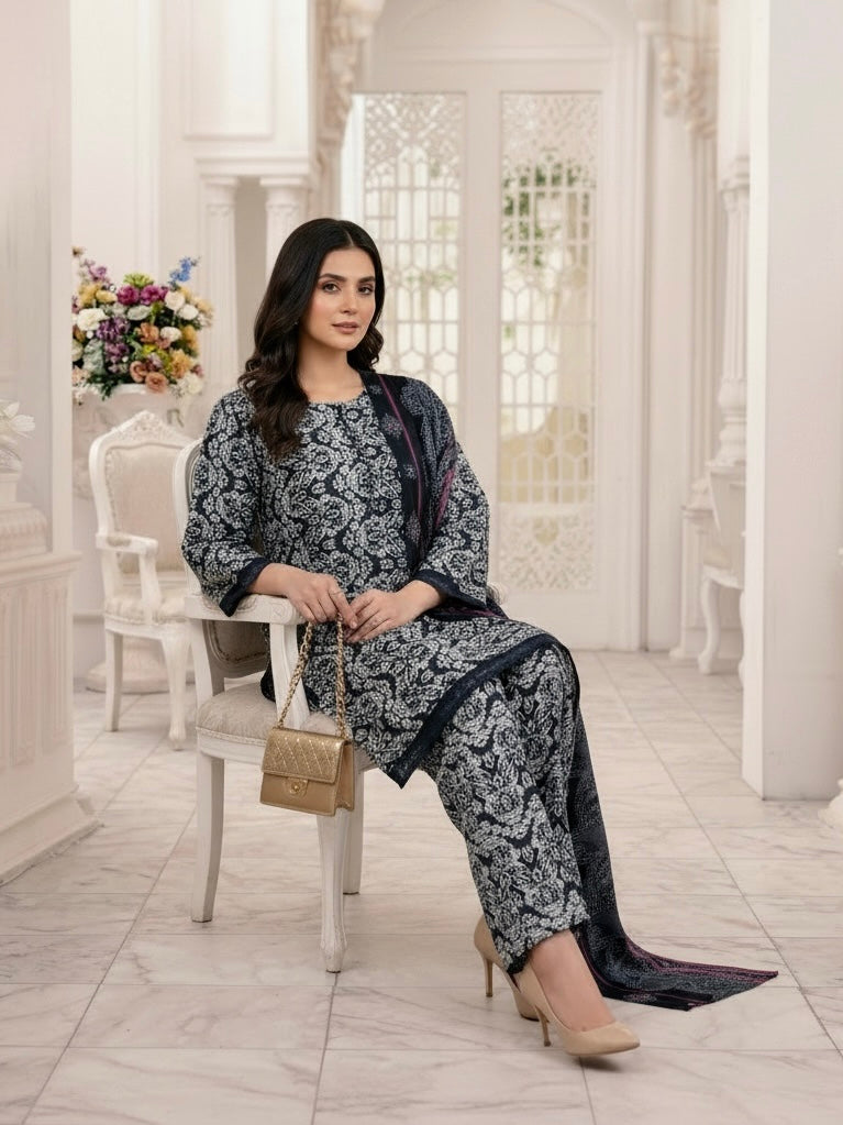 Midnight Black 3-Piece Premium Lawn Stitched | Hand-Worked Neck with Farshi Shalwar