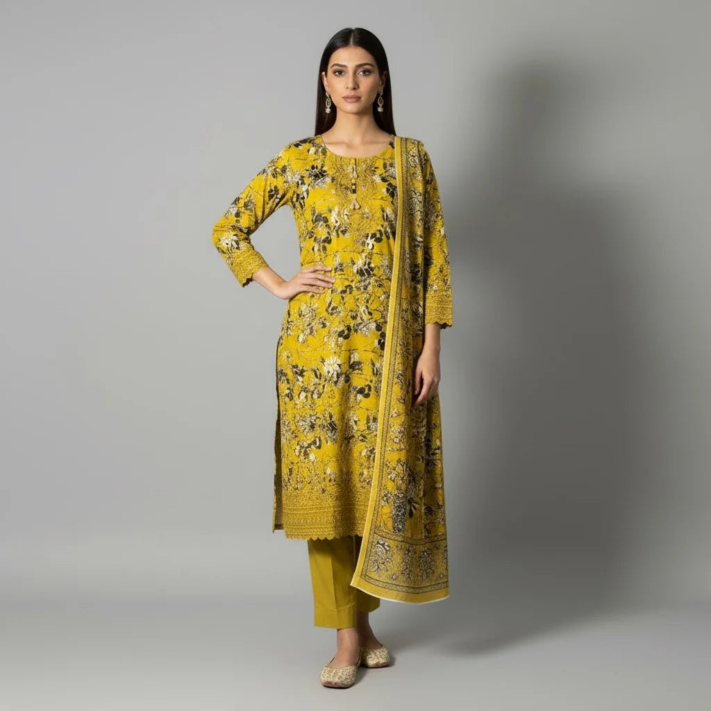 Mustard Sunflower 3-Piece Stitched Lawn Suit – Floral Embroidered + chicken-kari Edition