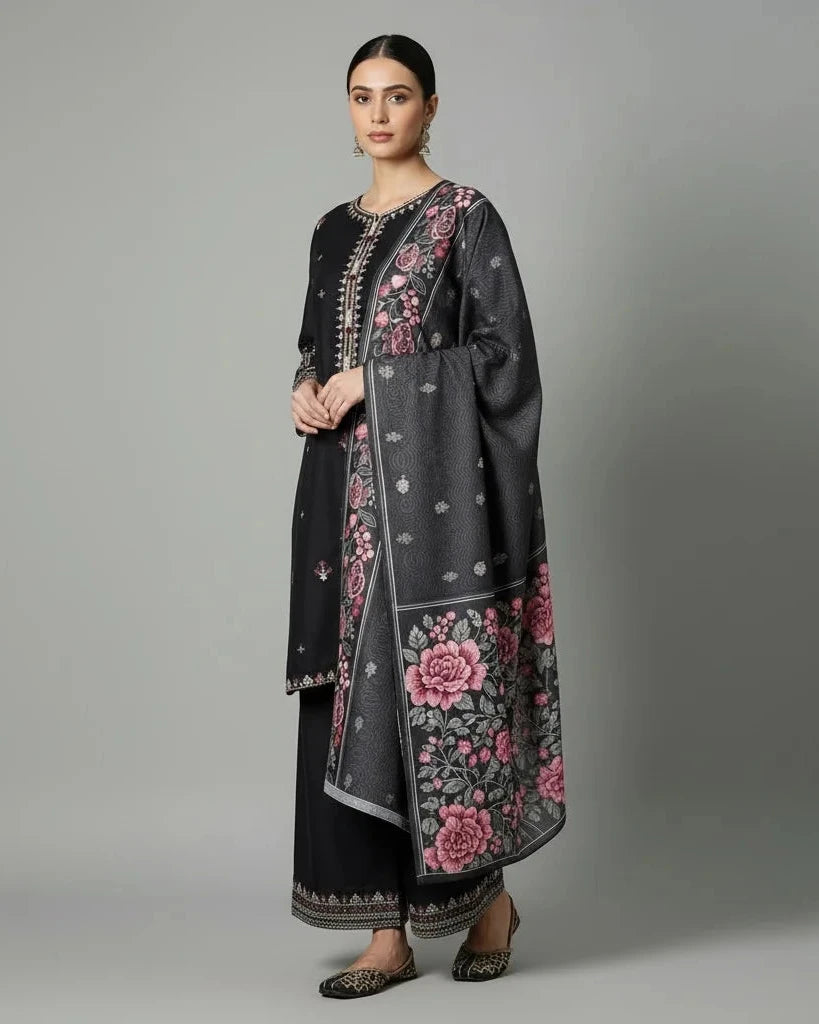 Premium Black Embroidered Ensemble – 3-Piece Summer Soft Cotton Stitched