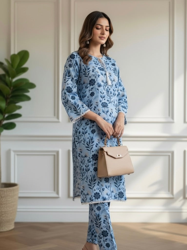 Ice Blue Floral – 2 Piece Premium Bana Dora Lawn
