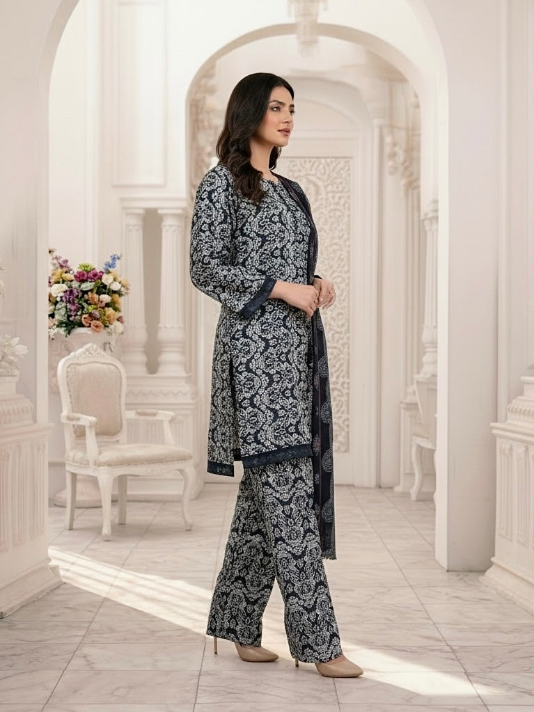 Midnight Black 3-Piece Premium Lawn Stitched | Hand-Worked Neck with Farshi Shalwar
