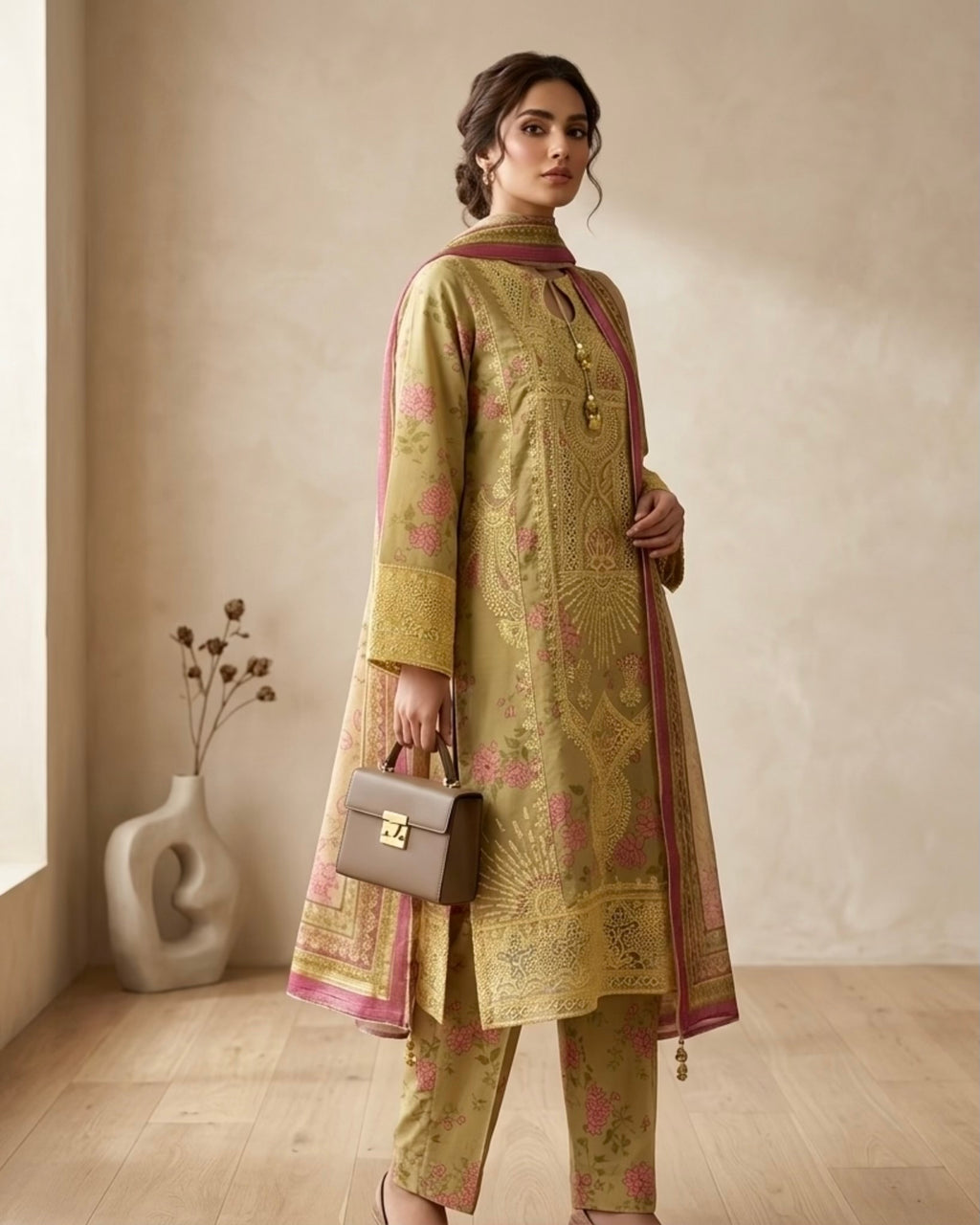 Golden Embroidered 3-Piece Premium Chickenkari Lawn Stitched Suit