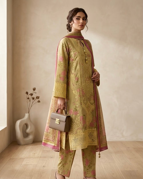 Golden Embroidered 3-Piece Premium Chickenkari Lawn Stitched Suit