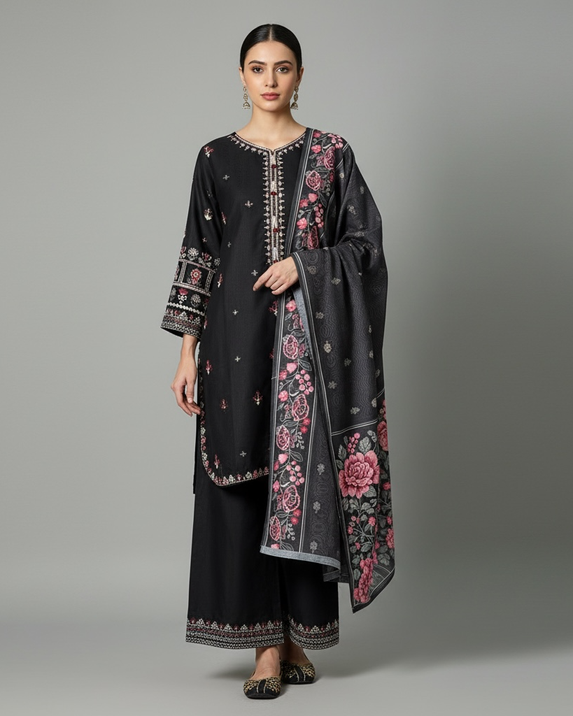 Premium Black Embroidered Ensemble – 3-Piece Summer Soft Cotton Stitched