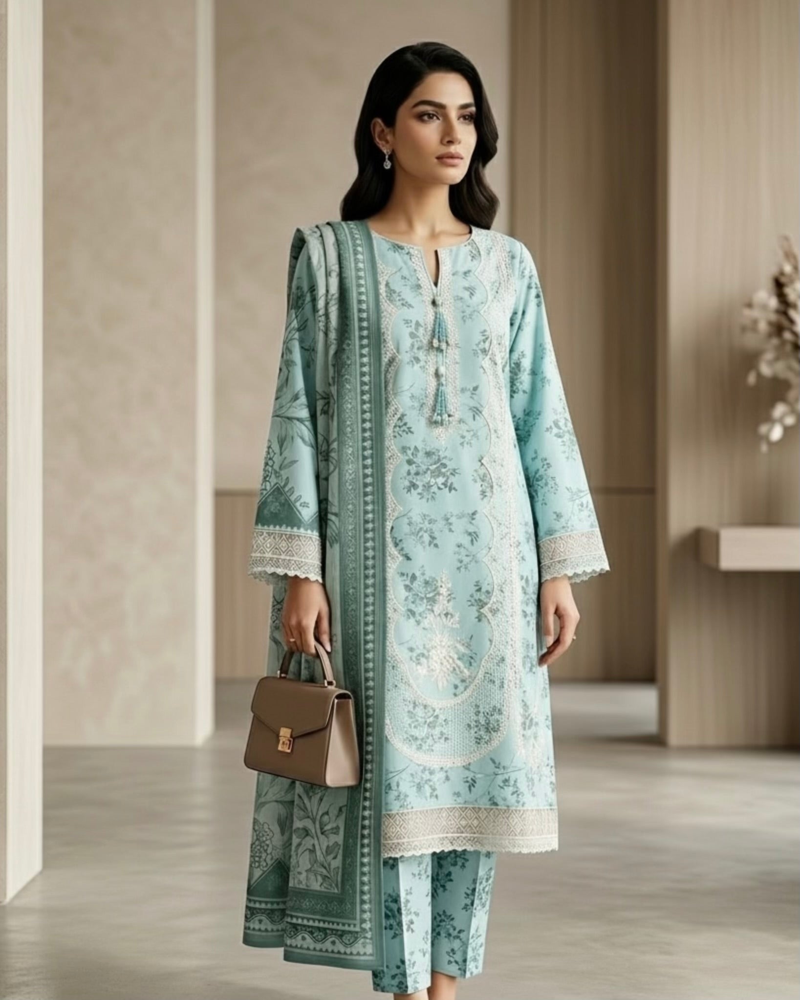 Ice Blue Embroidered 3-Piece Stitched Lawn Suit – Floral Edition