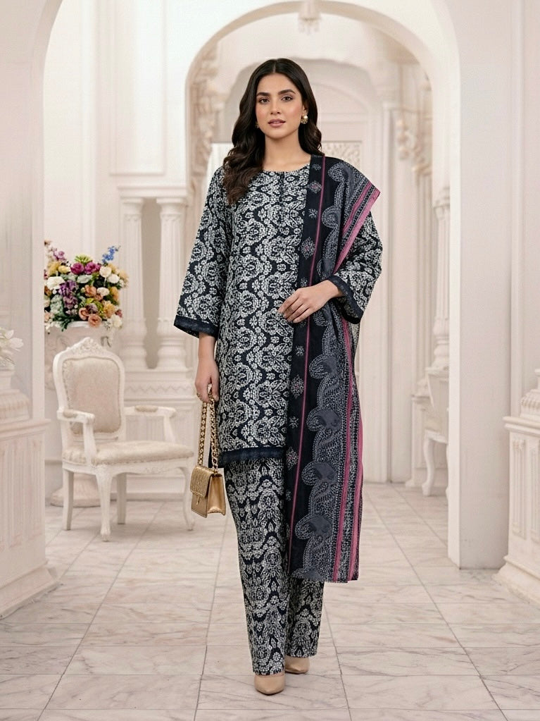 Midnight Black 3-Piece Premium Lawn Stitched | Hand-Worked Neck with Farshi Shalwar