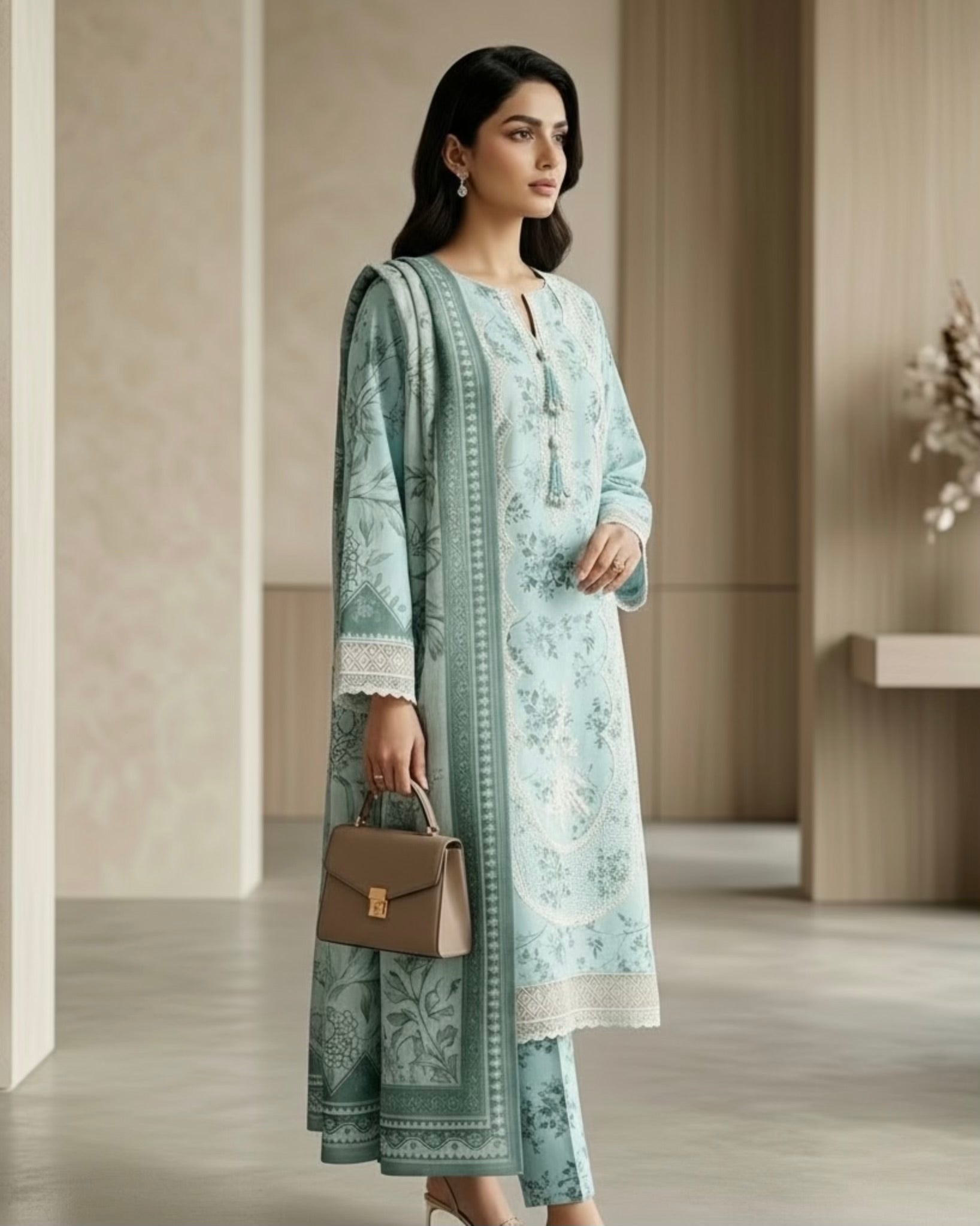 Ice Blue Embroidered 3-Piece Stitched Lawn Suit – Floral Edition