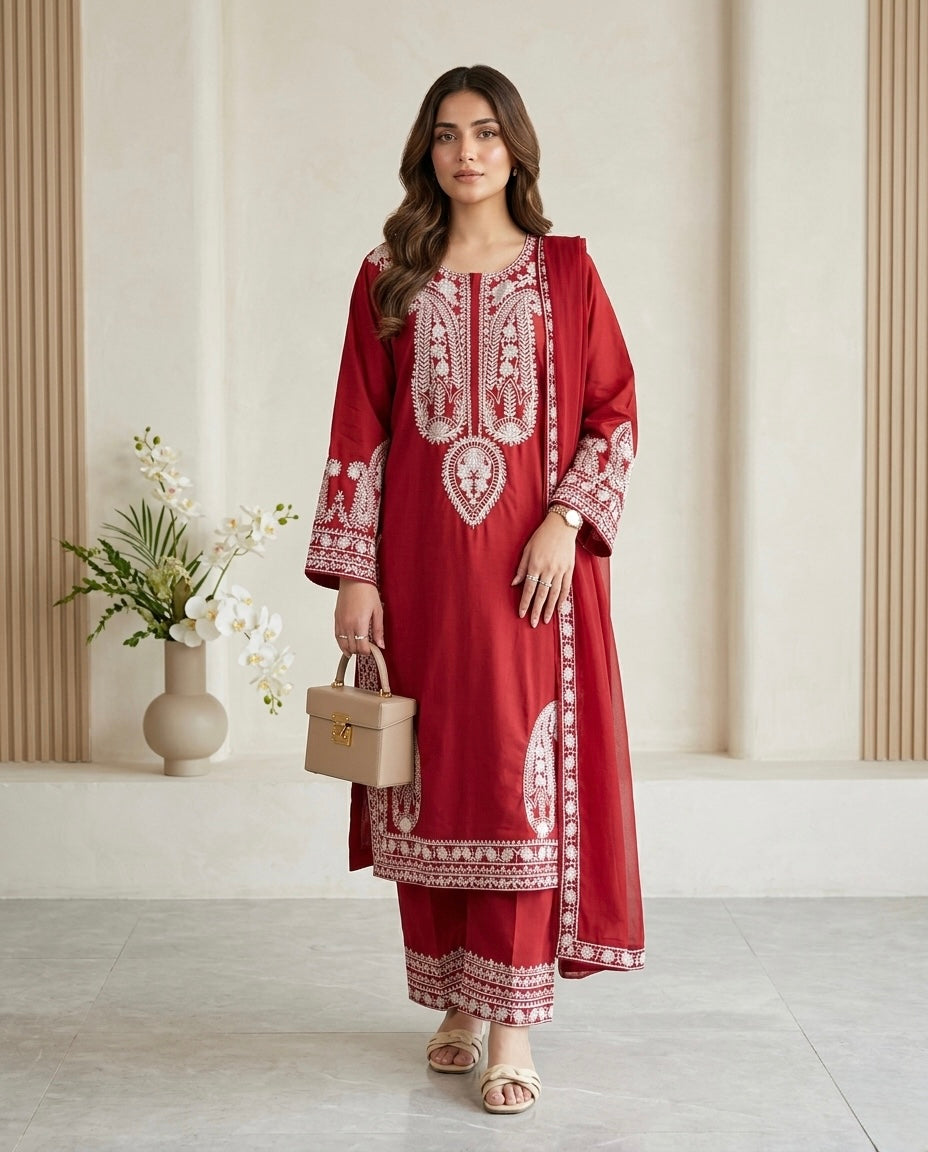 Elegant Maroon Embroidered 3-Piece Stitched Lawn Suit with Chiffon Dupatta