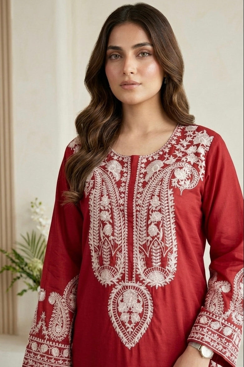 Elegant Maroon Embroidered 3-Piece Stitched Lawn Suit with Chiffon Dupatta