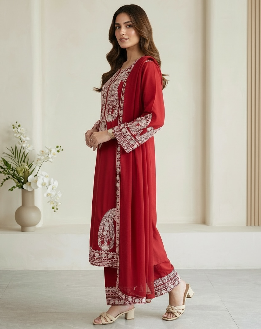 Elegant Maroon Embroidered 3-Piece Stitched Lawn Suit with Chiffon Dupatta
