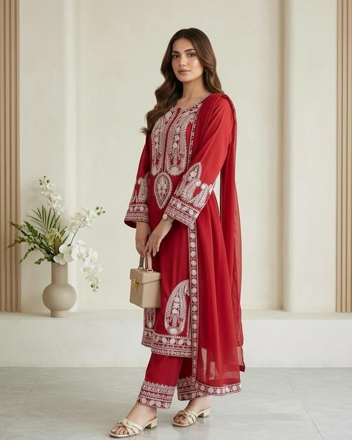 Elegant Maroon Embroidered 3-Piece Stitched Lawn Suit with Chiffon Dupatta
